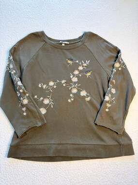WD·NY Womens Olive Green Embroidered Bird and Floral Raglan Sweatshirt XL